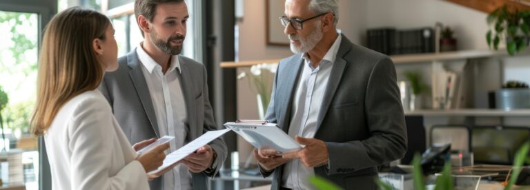 Three professionals in grey suits discuss documents in a bright office environment.
